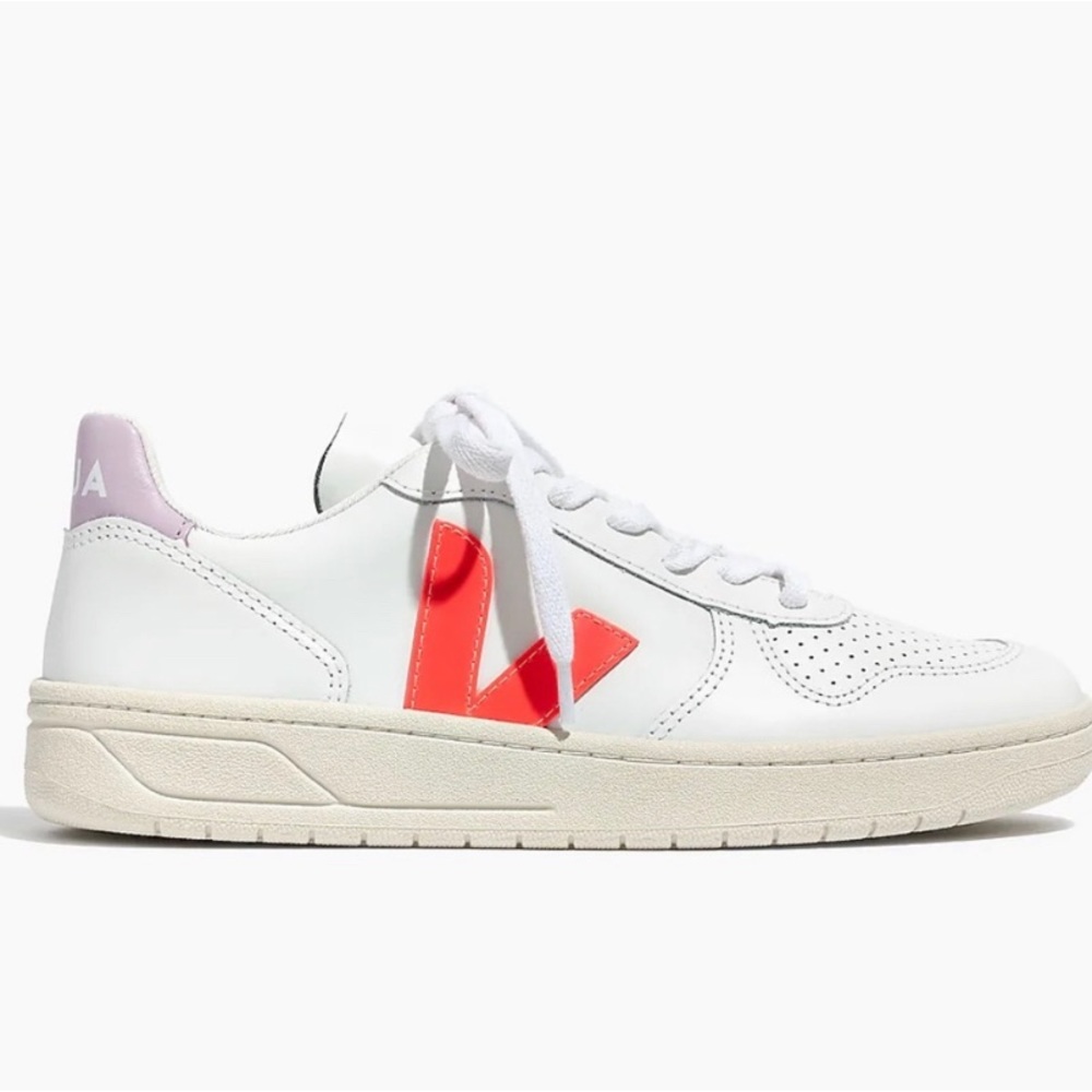 Madewell x Veja V-10 Leather Sneakers Lilac and Neon Orange Shoes Size US6 EUR37